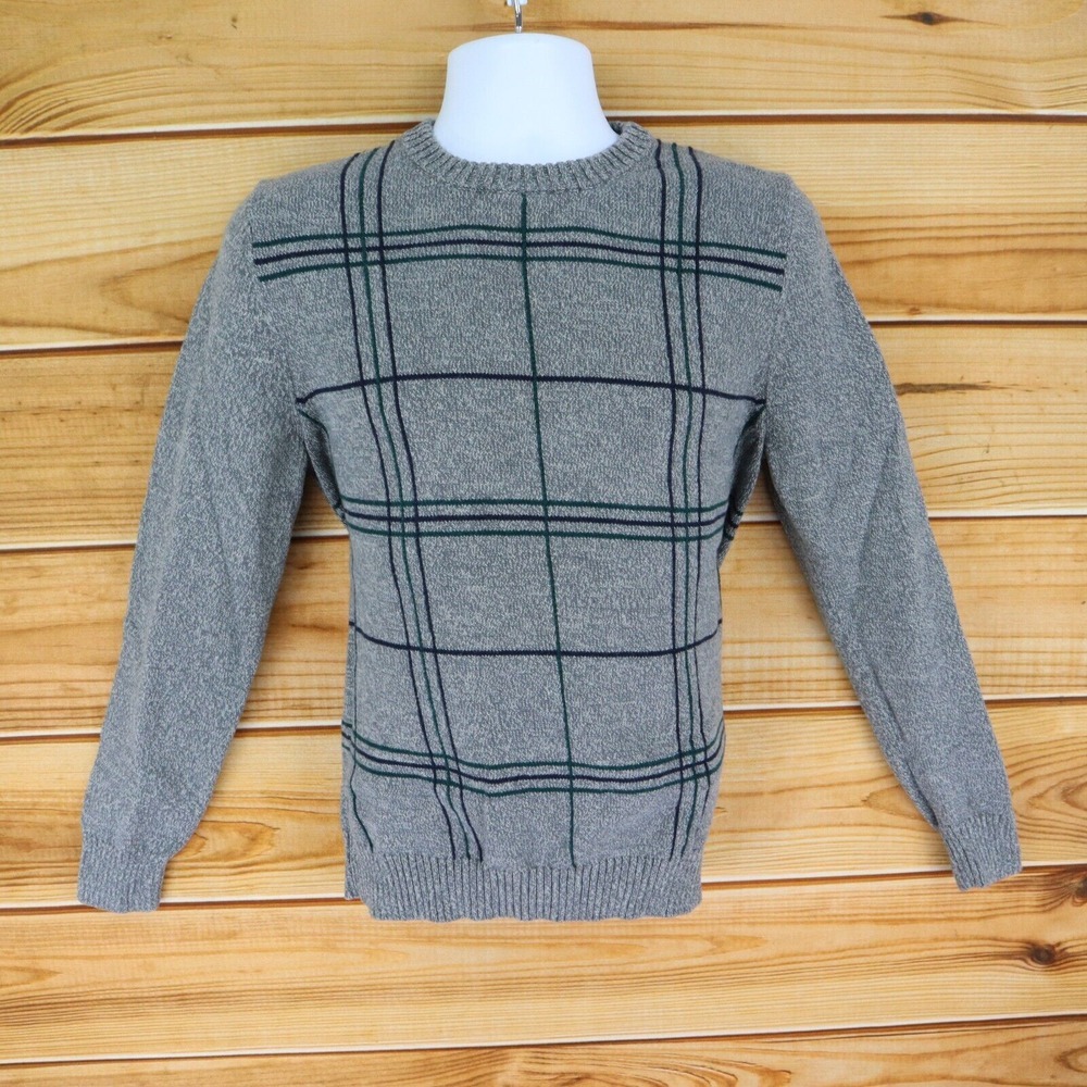 Croft & Barrow Sweater Mens M Gray Plaid Cotton Blend Tight-Knit Crew Neck Soft